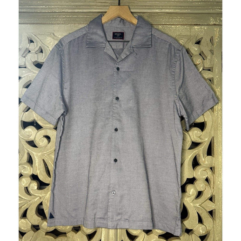 NWT UNTUCKit Hughes Dark Blue Camp Shirt Large Slim Cotton Tencel Lyocell Short